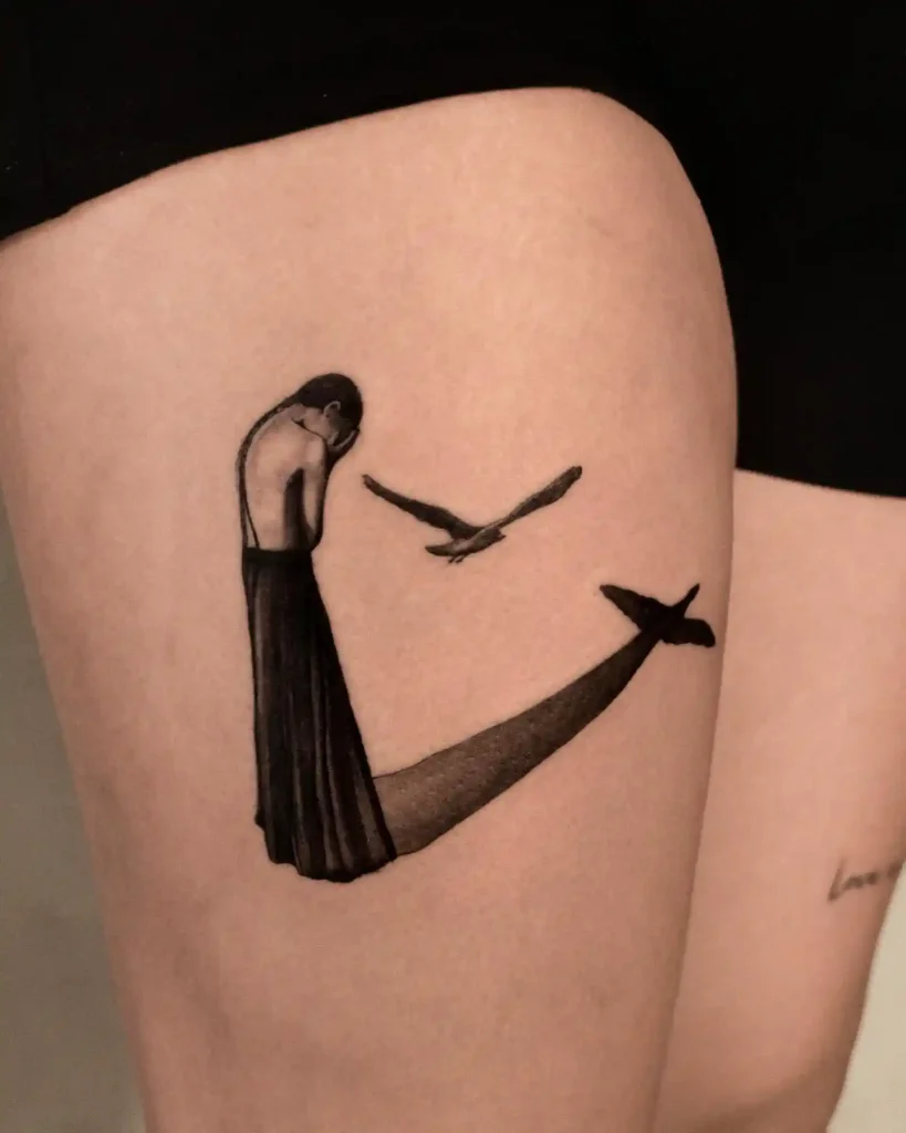 Emotional Silhouette and Bird on Thigh