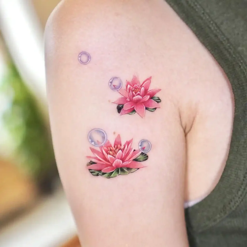 Floating Water Lilies and Bubbles on Shoulder