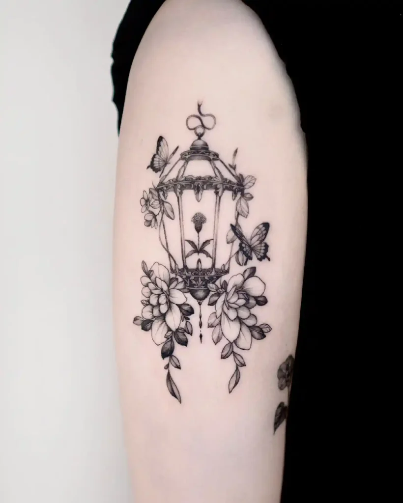 Floral Birdcage Lantern with Butterflies on Arm