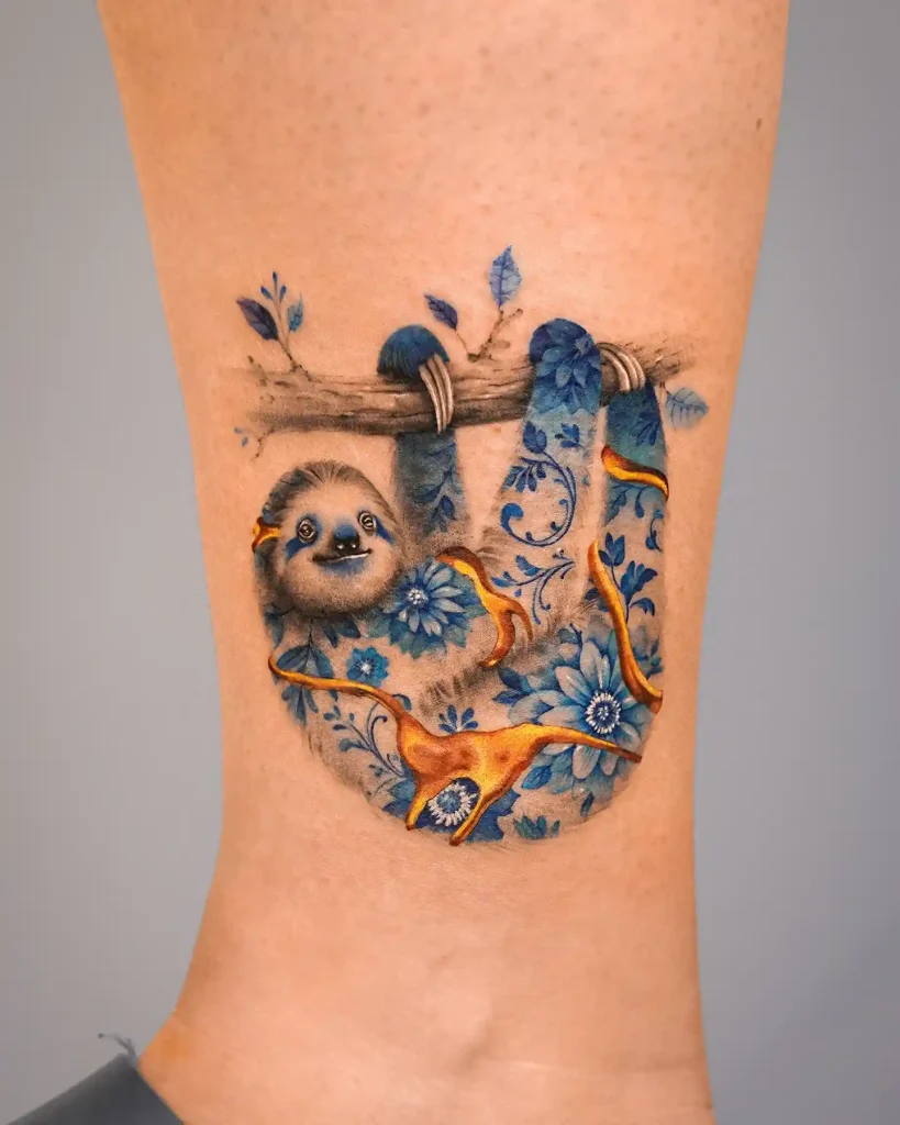 Floral Patterned Sloth on Lower Leg