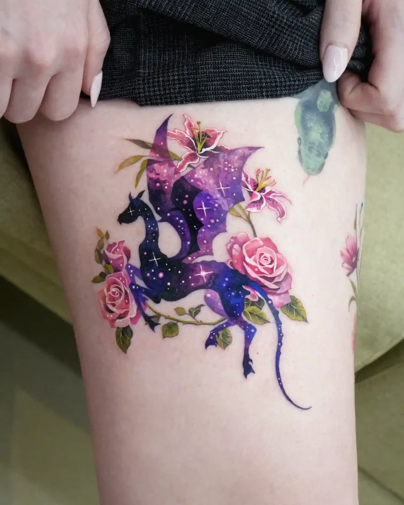 Galaxy Dragon and Pink Roses on Thigh