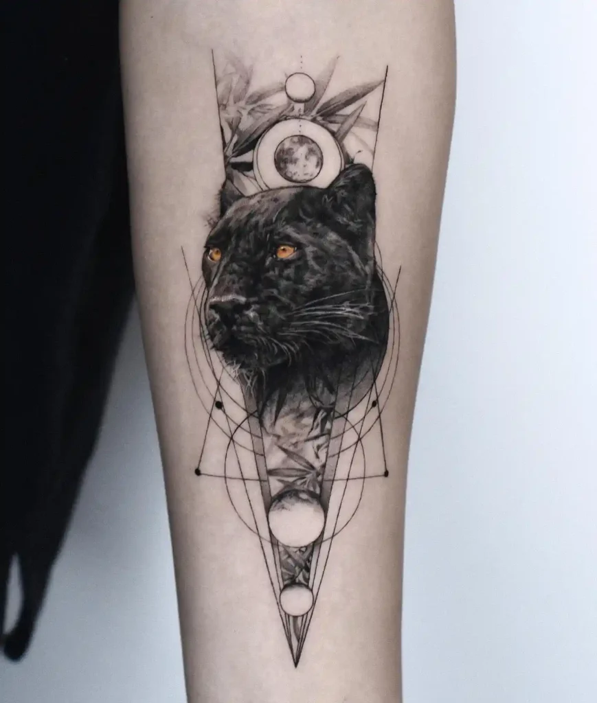 Geometric Panther with Lunar Elements on Forearm