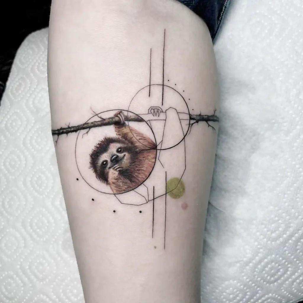 Geometric Sloth with Fine Lines on Inner Forearm