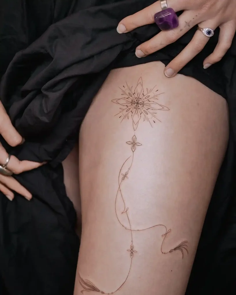 Geometric Star with Flowing Ornament on Thigh