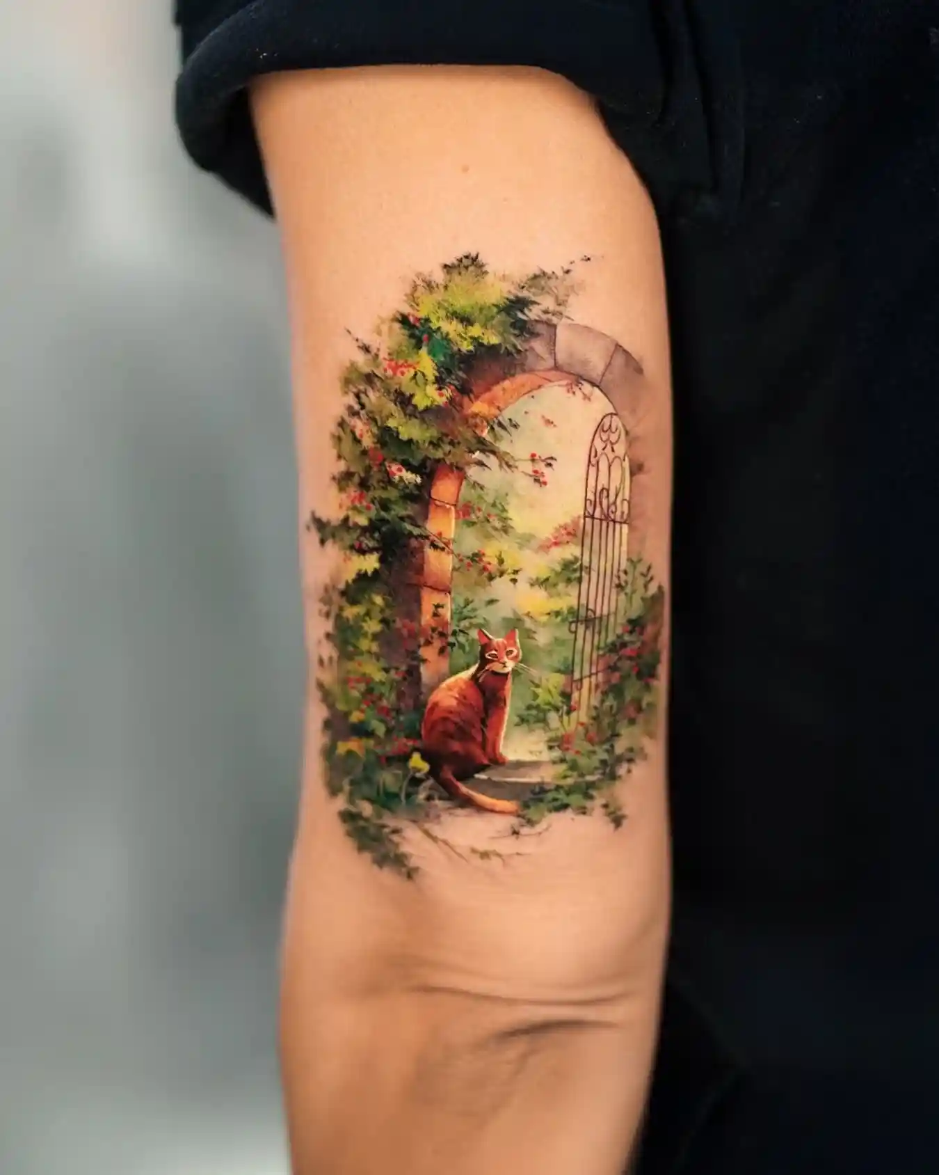 Ginger Cat in Garden Archway on Inner Upper Arm