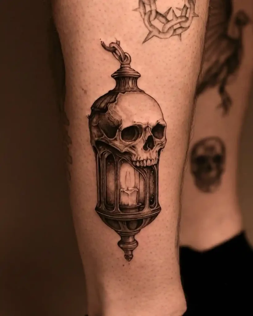 Gothic Skull Lantern with Burning Candle on Leg