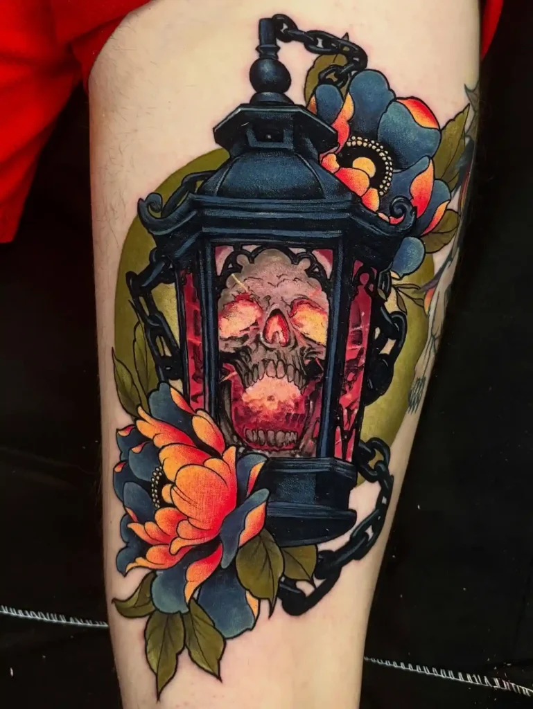 Gothic Skull Lantern with Peonies on Thigh