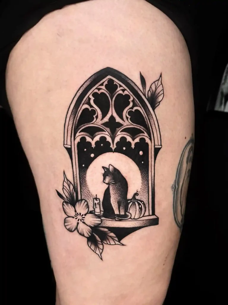 Gothic Window Scene with Black Cat on Thigh