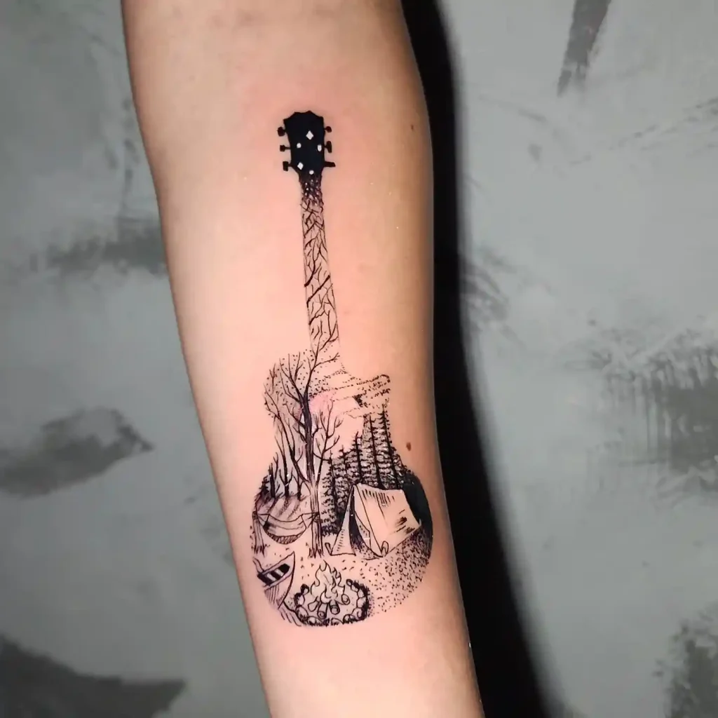 Guitar Silhouette Camping Scene on Forearm