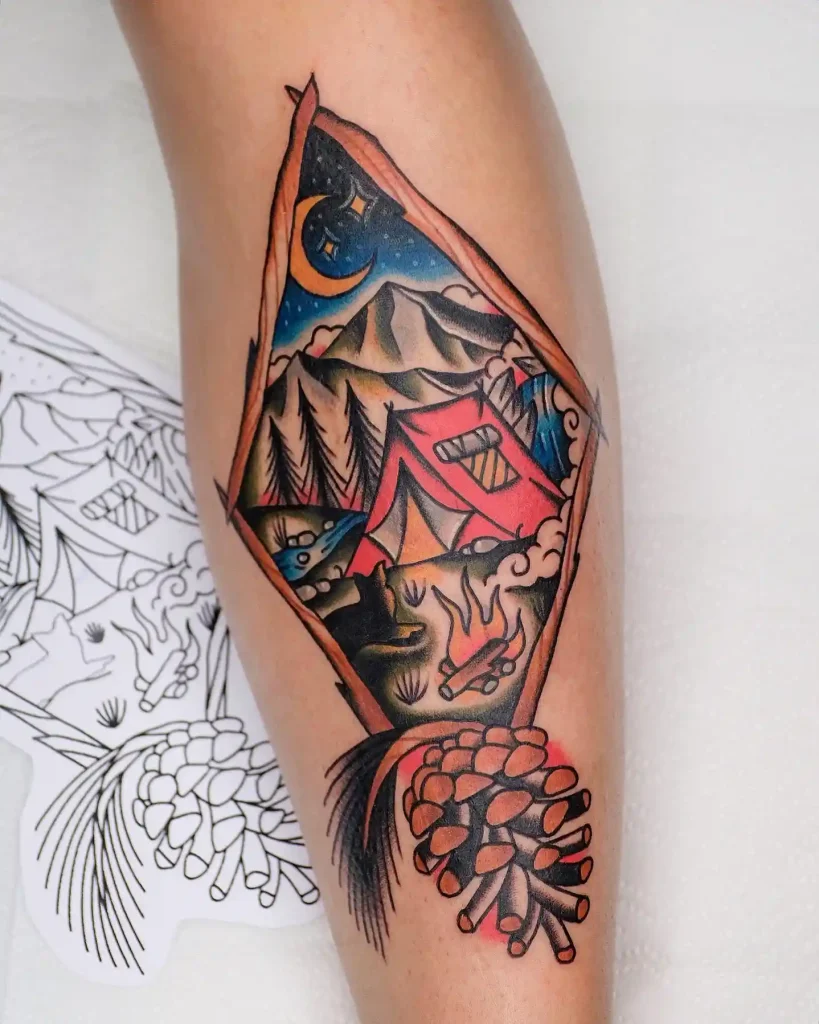 H2 Traditional Mountain Camping Scene on Lower Leg
