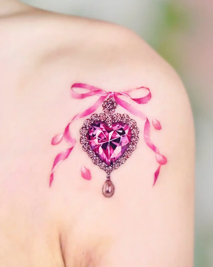 Jeweled Heart with Pink Ribbon on Shoulder