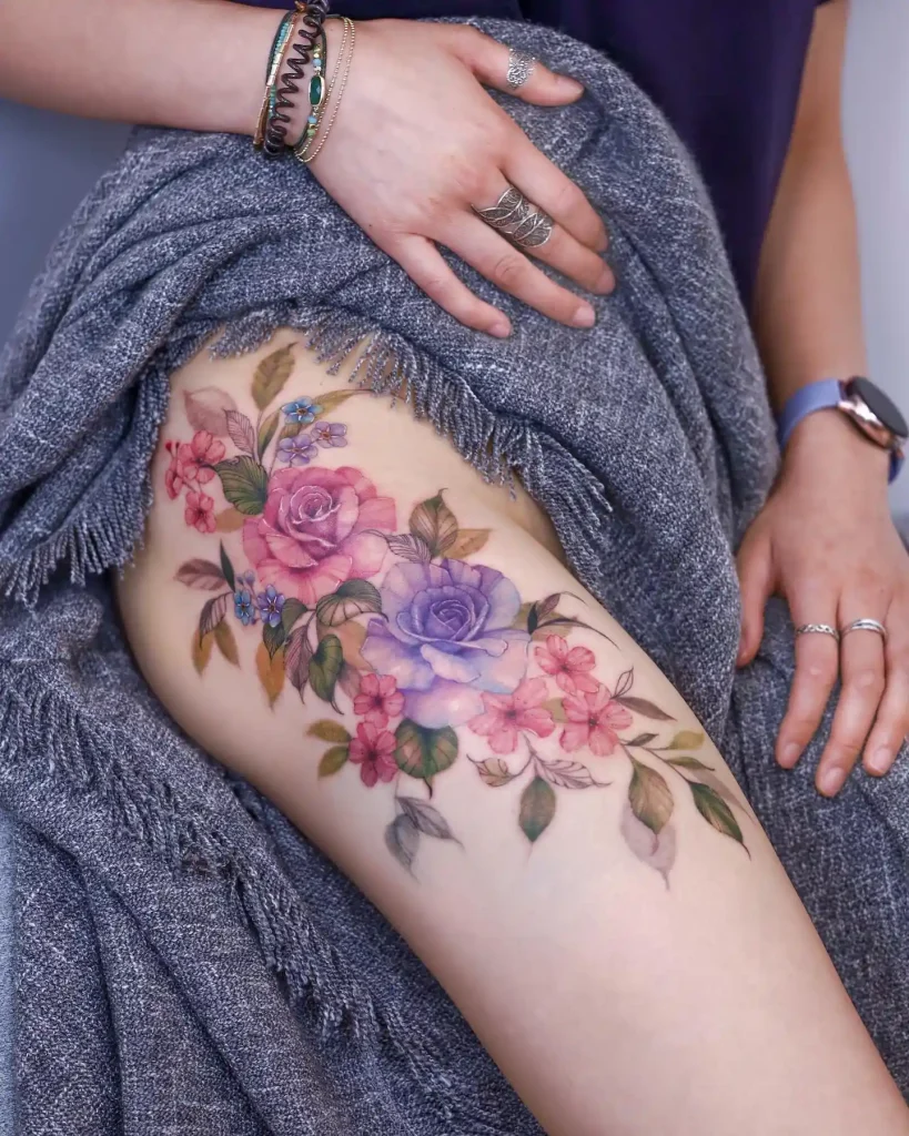 Lavender and Rose Cluster on Thigh
