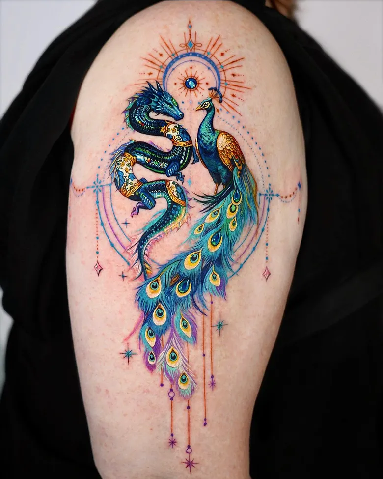 Magical Peacock and Dragon Tattoo