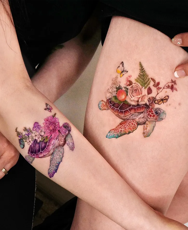 Matching Floral Turtle Tattoo Ideas