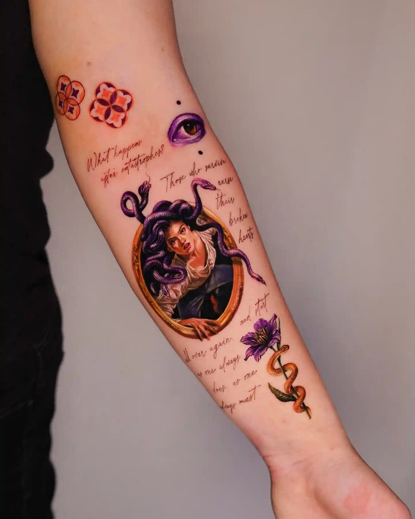 Medusa Portrait with Script and Florals on Inner Forearm
