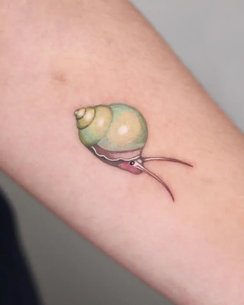 Miniature Realistic Green Snail on Inner Forearm