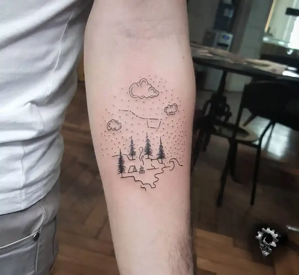 Minimalist Night Camping Scene on Forearm