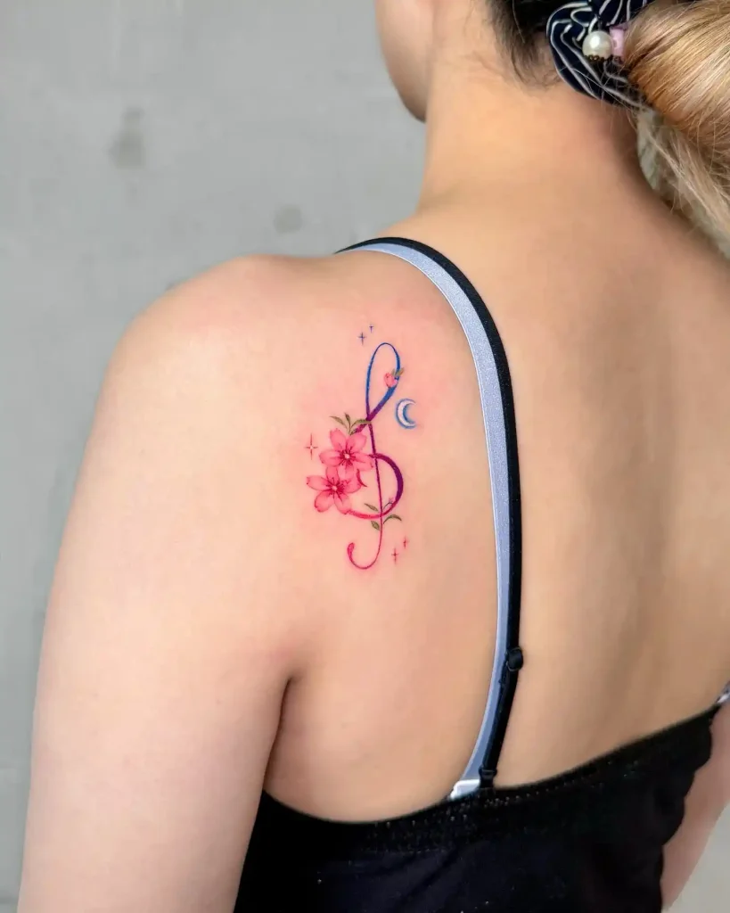 Musical Note and Cherry Blossoms on Shoulder