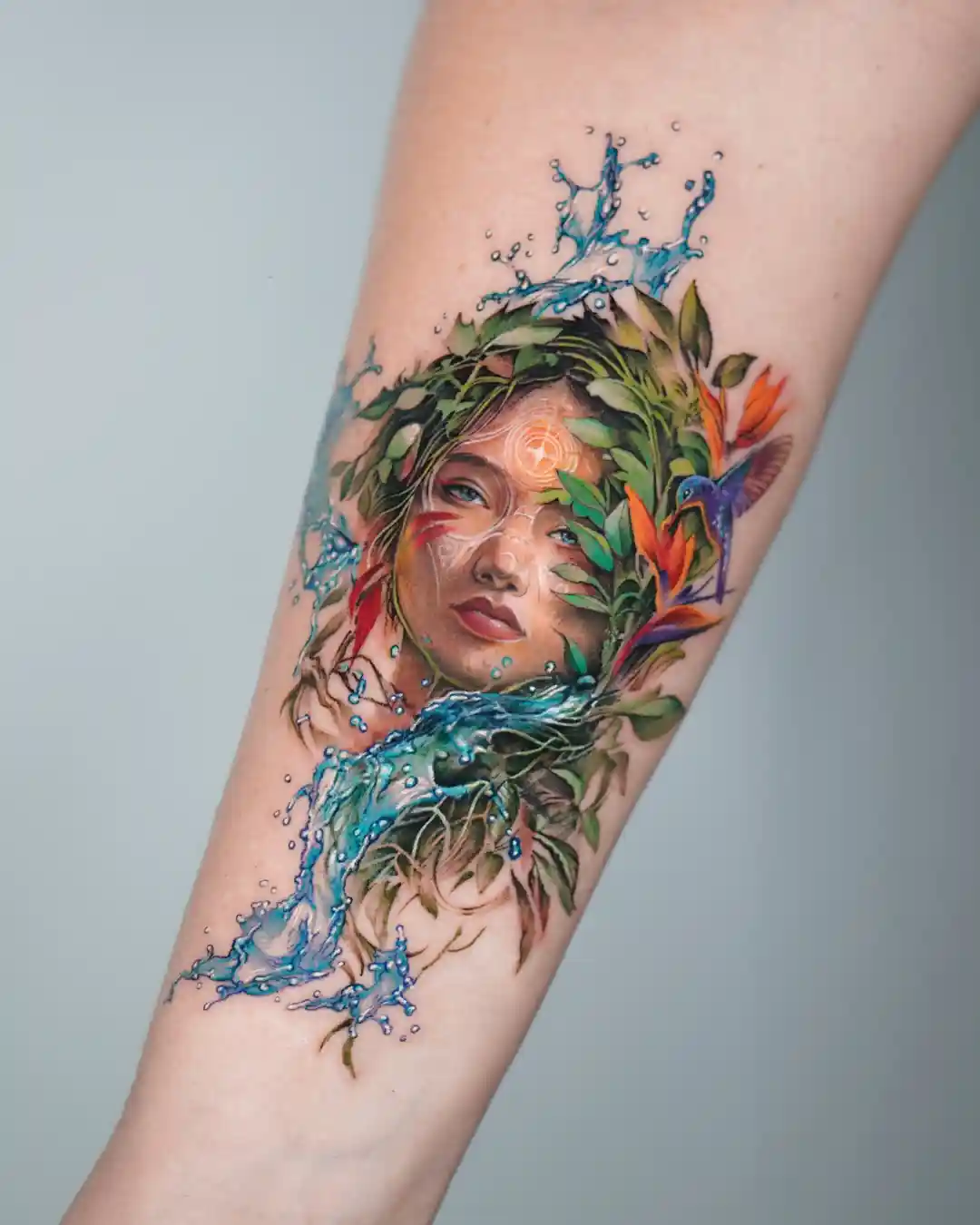 Nature Goddess and Water Elements on Forearm