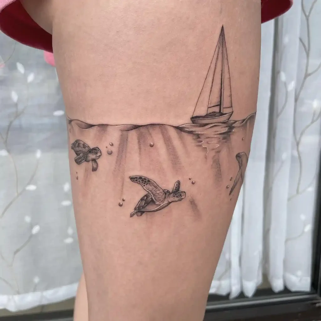 Nautical Scene with Sea Turtles on Thigh