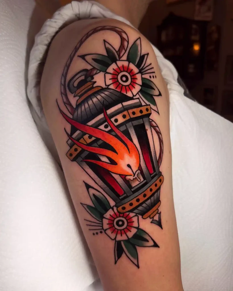 Neo Traditional Lantern with Bold Swallows on Arm