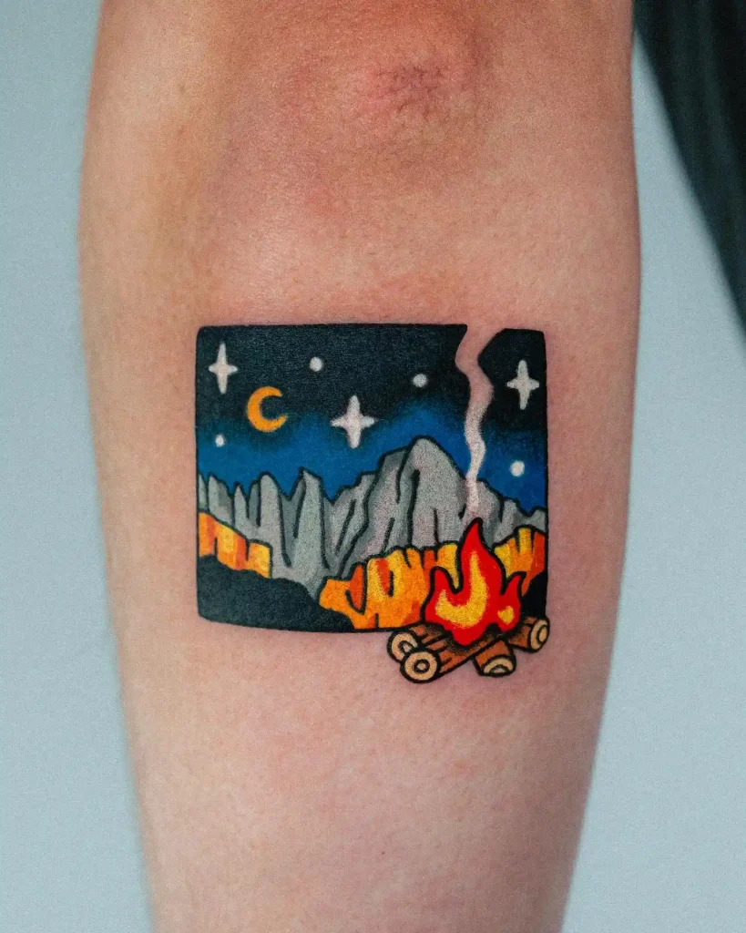 Night Mountain Scene with Campfire on Forearm