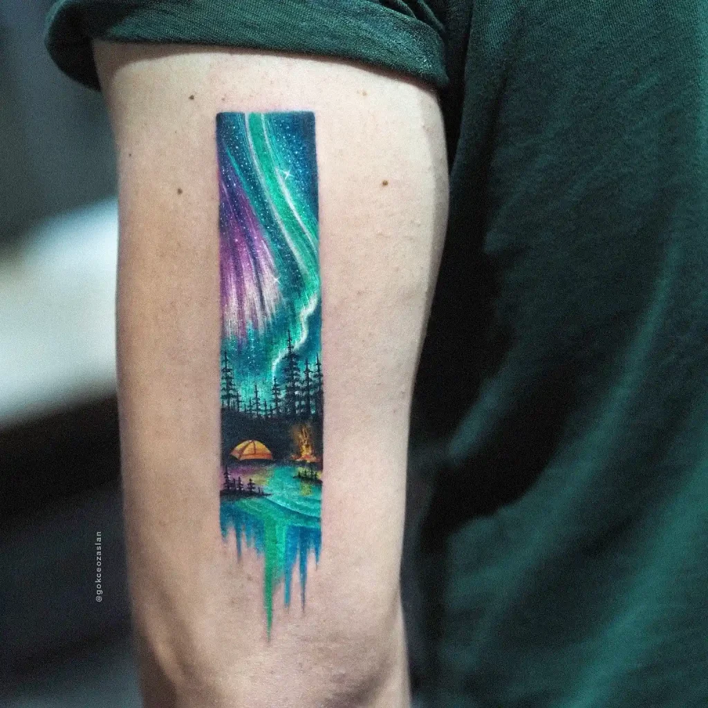 Northern Lights Camping Scene on Upper Arm
