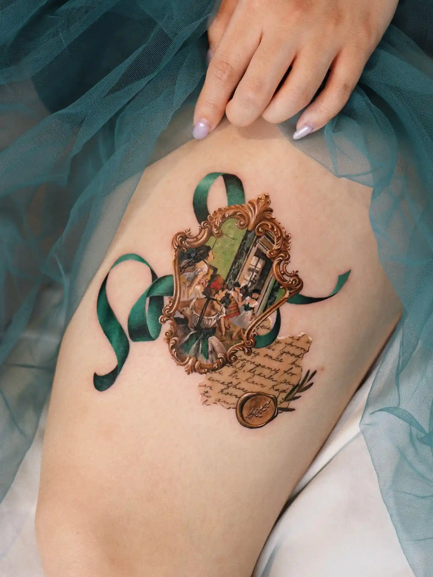 Ornate Portrait Frame with Green Ribbon on Thigh