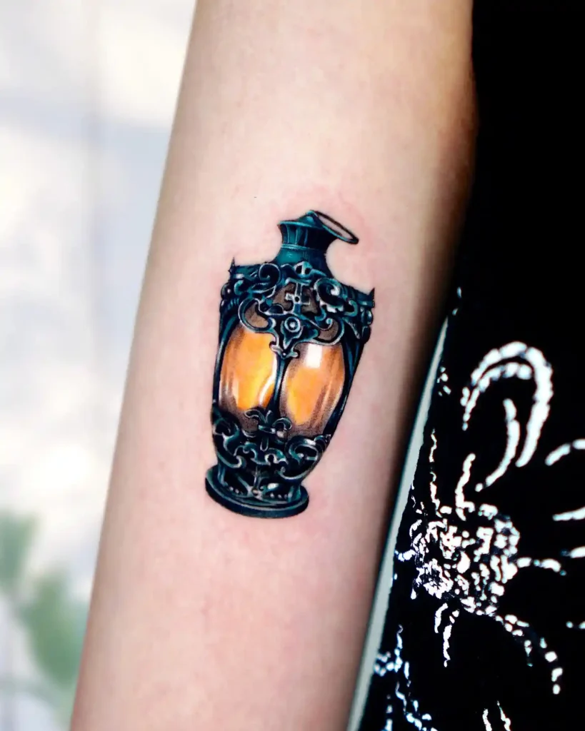 Ornate Teal Metal Lantern on Arm