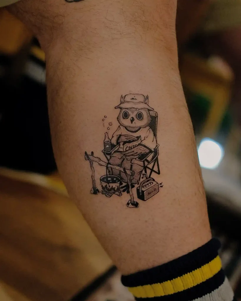 Owl Camping Scene on Lower Leg