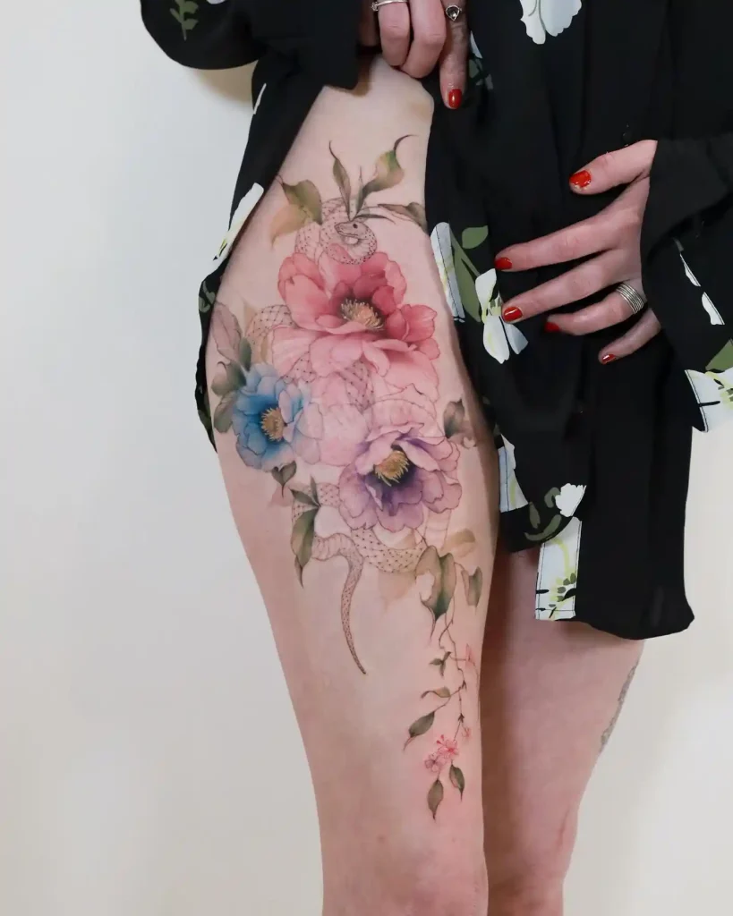 Peonies with Hidden Serpent on Thigh