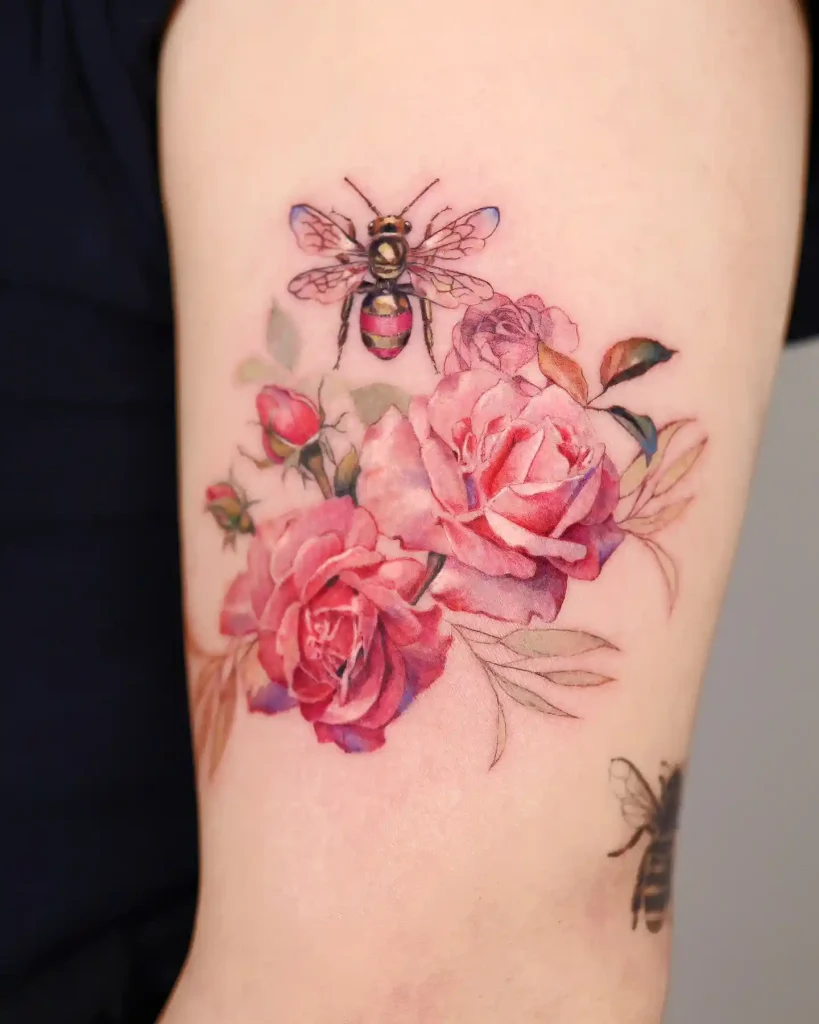 Pink Bee and Rose Illustration on Inner Arm