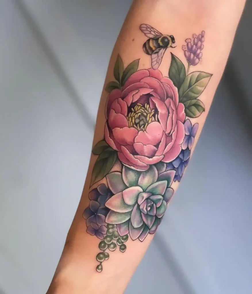 Pink Flower and Succulent Garden on Forearm