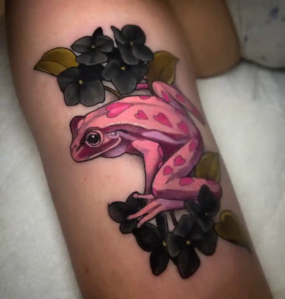 Pink Frog and Black Flowers Design on Thigh