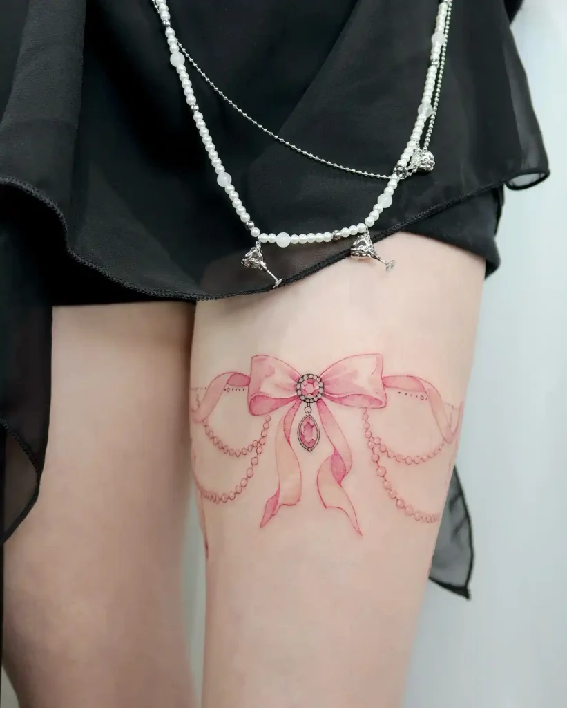 Pink Ribbon Garter with Jewels on Thigh
