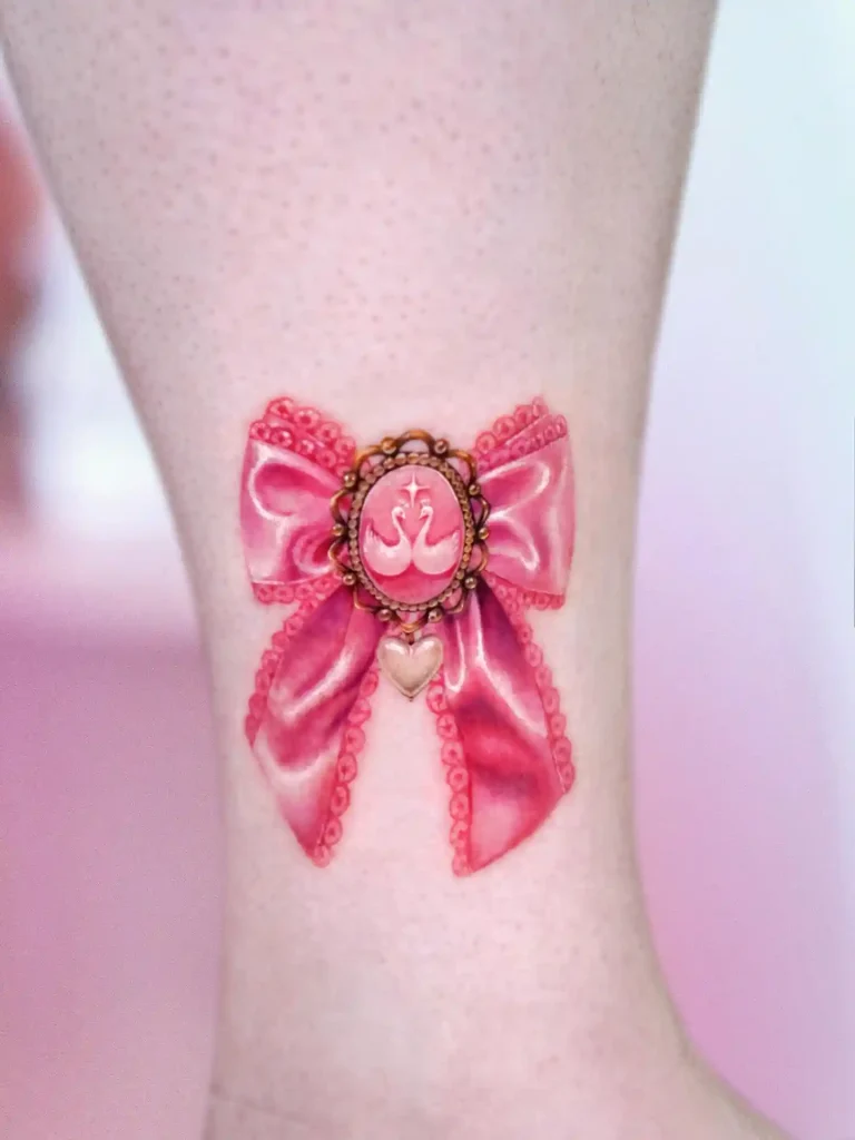 Pink Satin Bow with Swan Cameo on Lower Leg