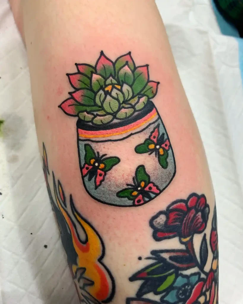 Potted Succulent with Butterflies on Forearm