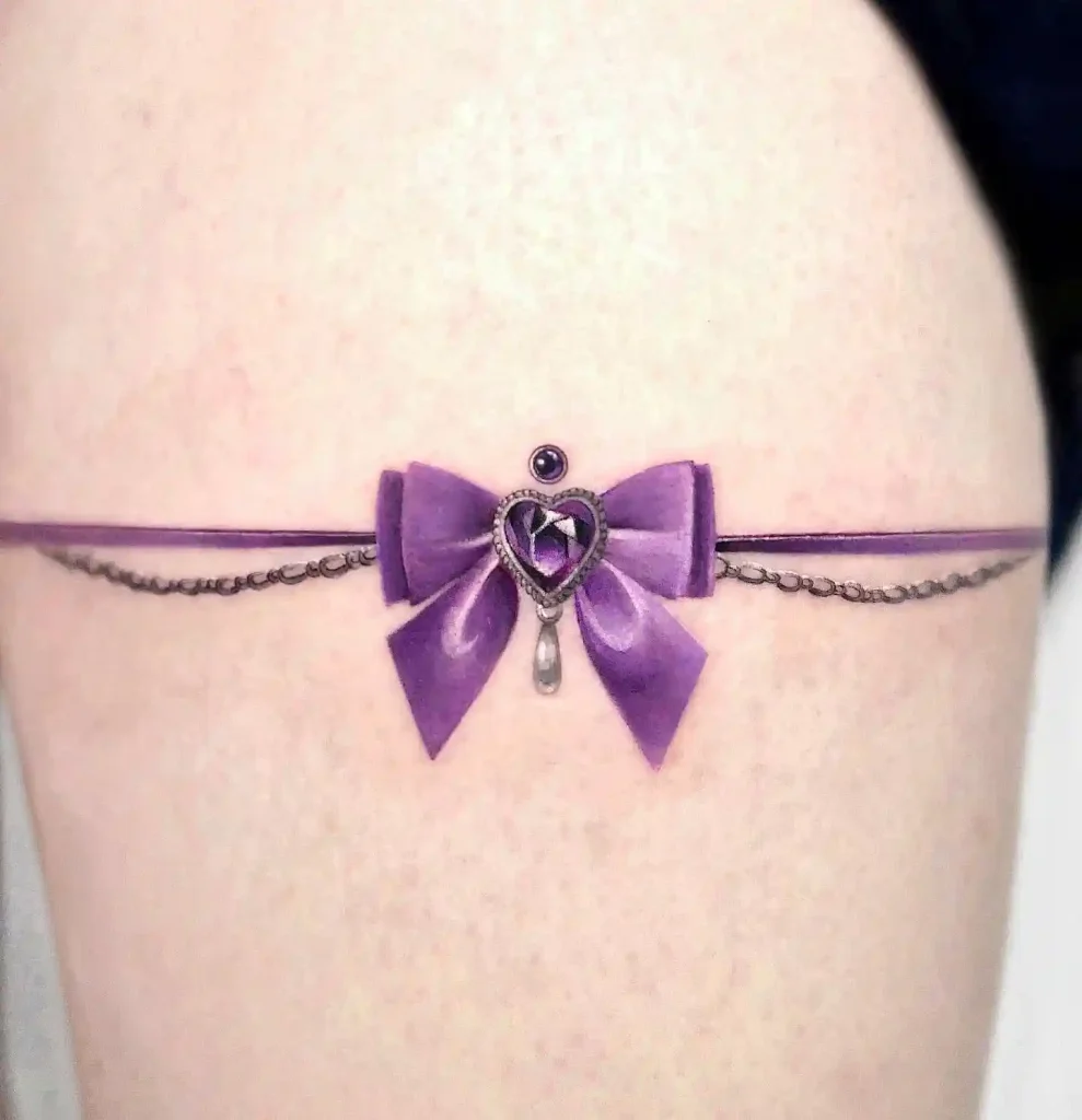 Purple Satin Bow with Heart Gem on Thigh
