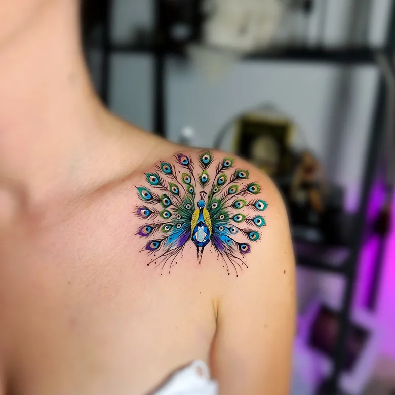 Radiant Shoulder Peacock Tattoo