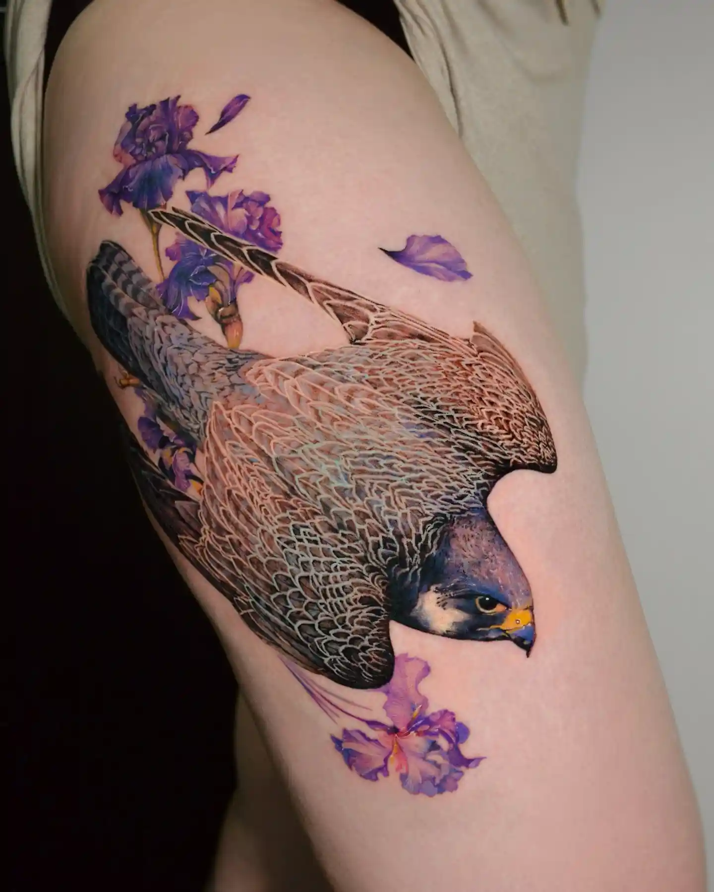 Realistic Falcon and Iris Flowers on Thigh