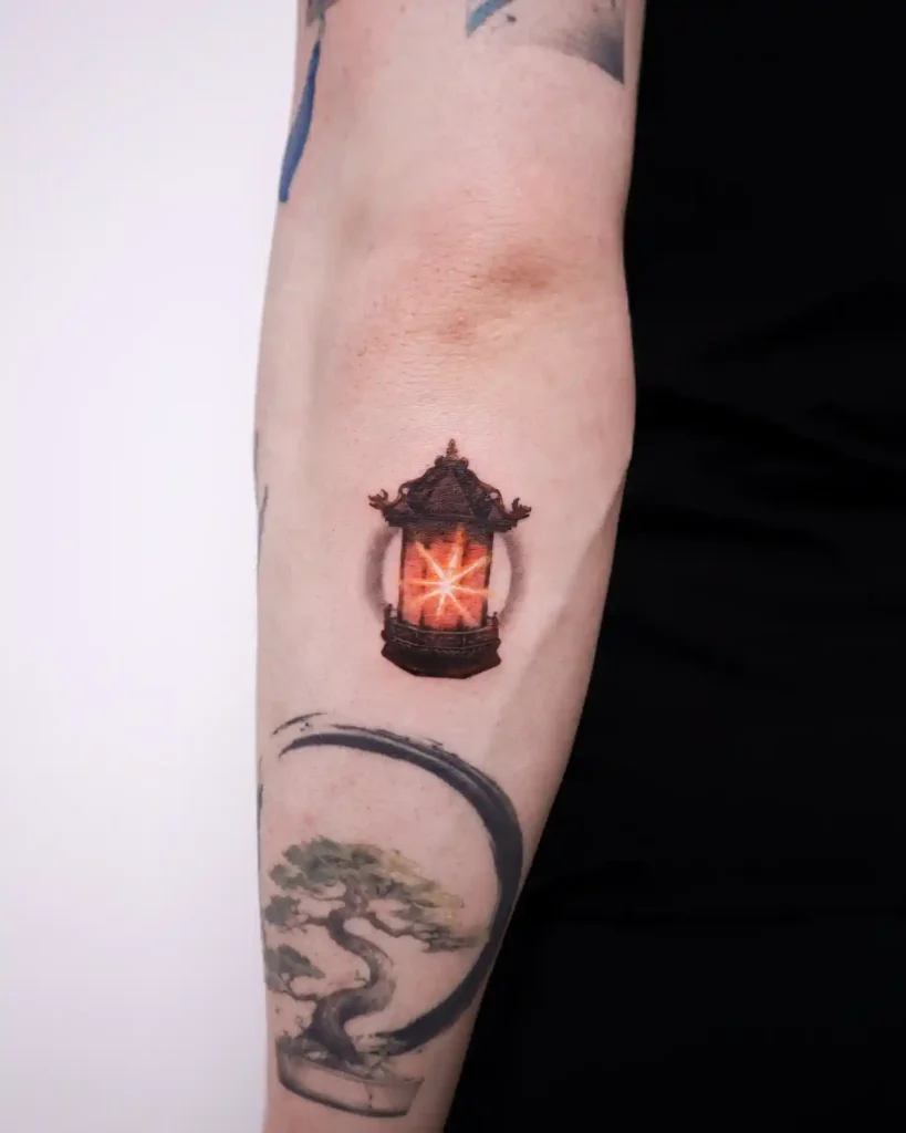 Realistic Glowing Stone Pagoda Lantern on Forearm