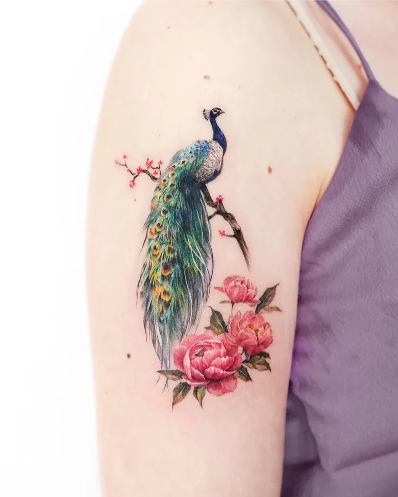 Realistic Peacock and Peony Tattoo
