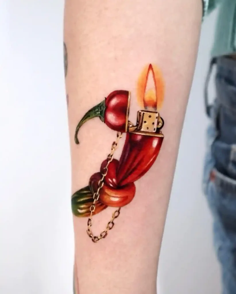 Realistic Red Chili Pepper Lighter on Forearm