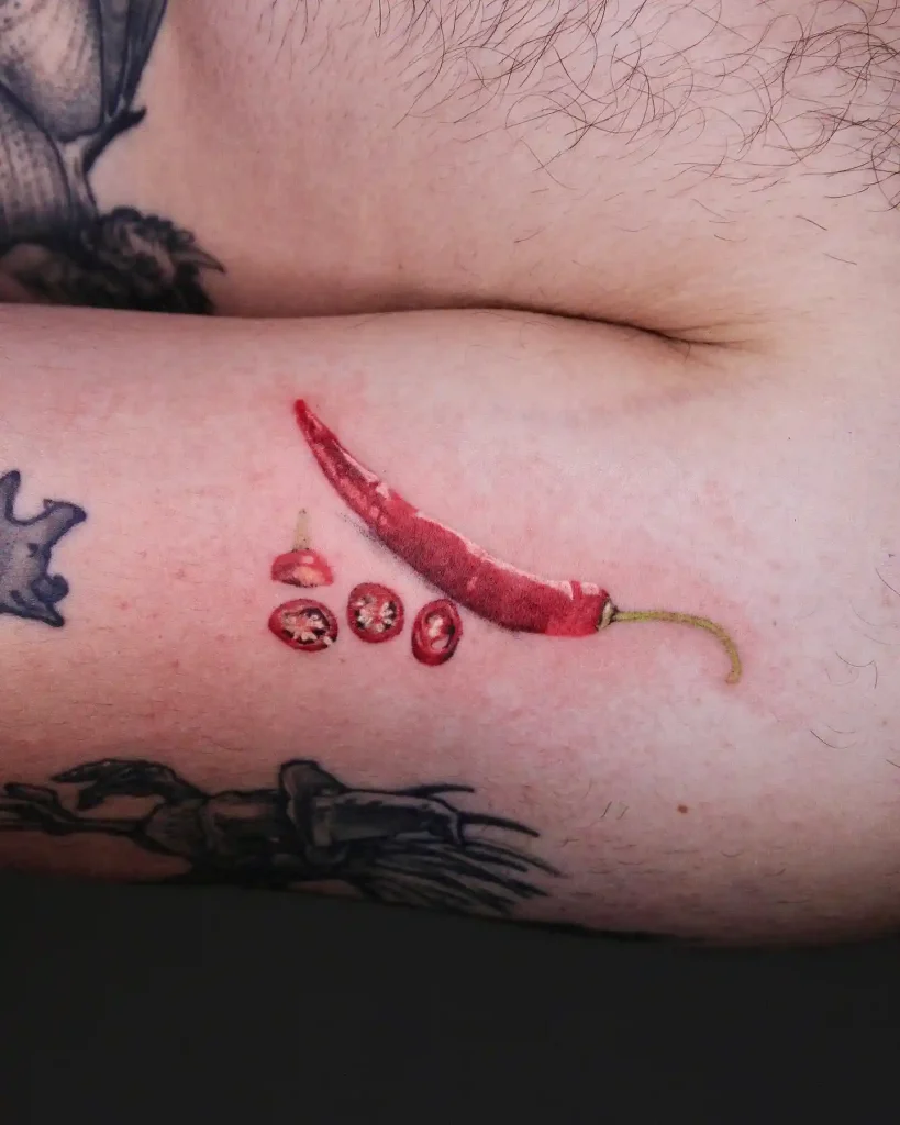 Realistic Red Chili Pepper and Slices on Inner Arm