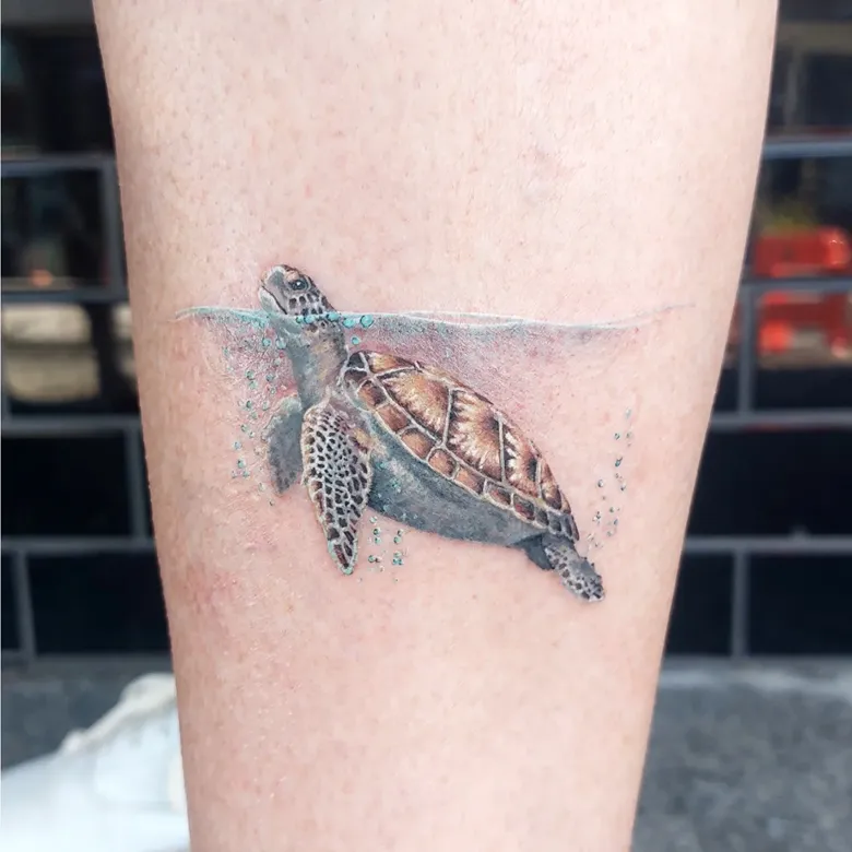 Realistic Sea Turtle Tattoo with Underwater Scene