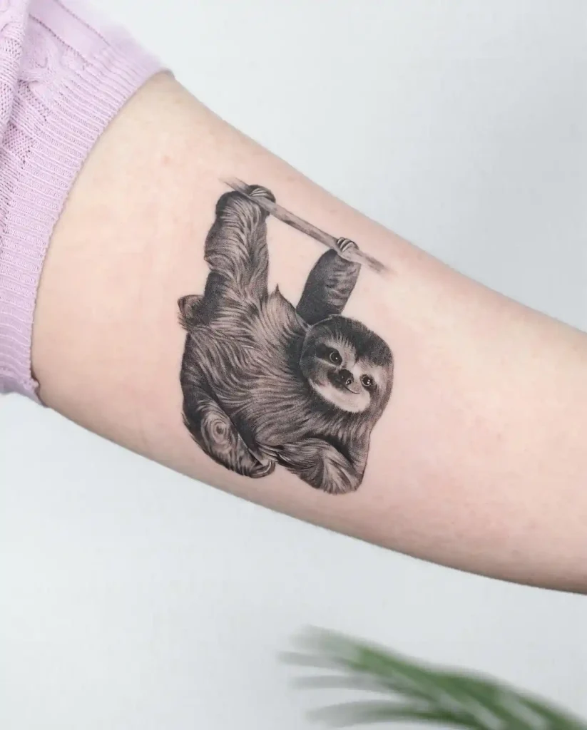 Realistic Sloth Hanging from Branch on Inner Forearm
