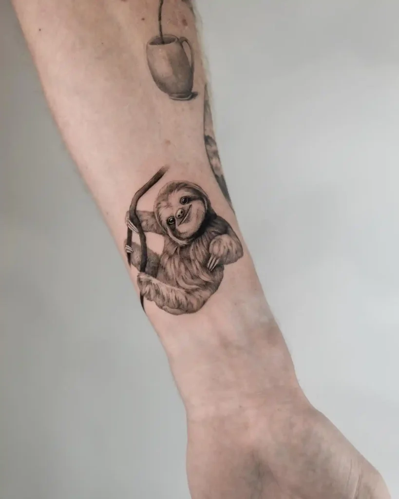 Realistic Sloth Hanging on Branch on Inner Forearm