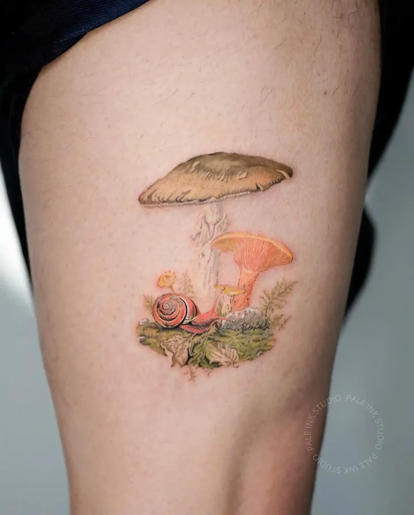 Realistic Snail and Mushrooms on Thigh