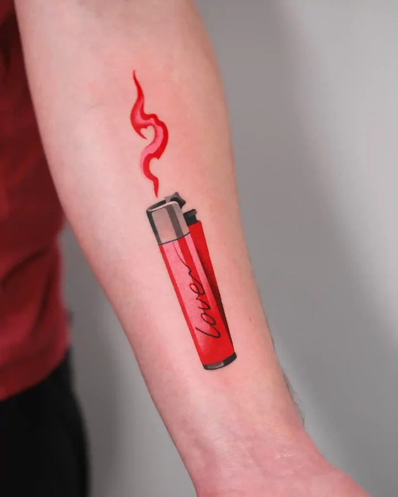 Red Bic Lighter with Lover Script on Forearm