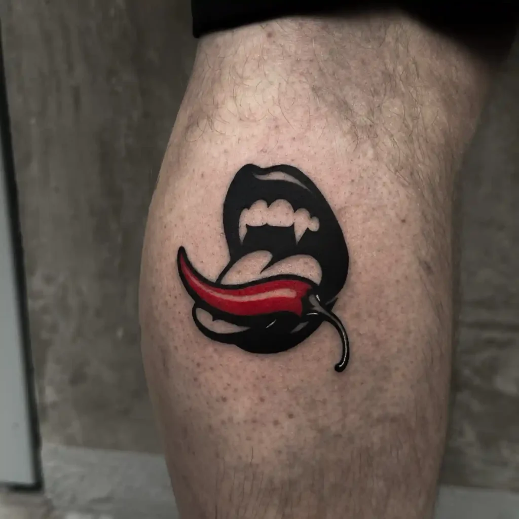 Red Chili Pepper and Vampire Mouth on Lower Leg